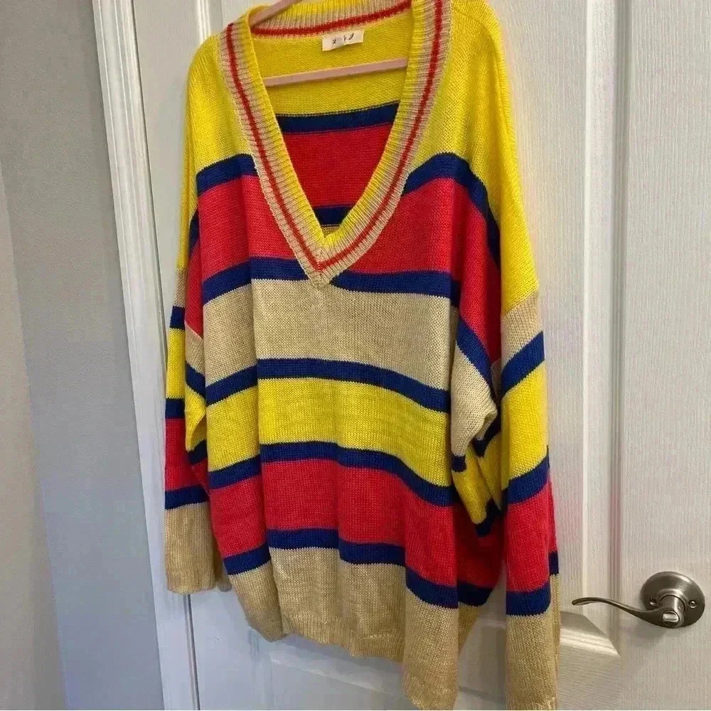 Over Sized Striped V-Neck Sweater (Yellow, Blue, Pink, and Tan) - Picture 3 of 7